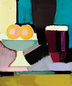 Hvid opsats med to appelsiner og mørklilla krukke med hvidt låg, mellem 1943 og 1944