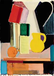 Opstilling med appelsin, gul og hvid kande 1946