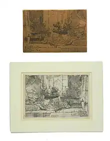 Den hellige jomfru og barn med en kat, 1654. Original kobberraderingsplade øverst, eksempel på tryk nederst.