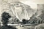 Vossevangsdalen i «Norge fremstillet i billeder» 1848 af Chr. Tønsberg.