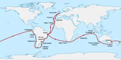 Route from Plymouth, England, south to Cape Verde then southwest across the Atlantic to Bahia, Brazil, south to Rio de Janeiro, Montevideo, the Falkland Islands, round the tip of South America then north to Valparaiso and Callao. Northwest to the Galapagos Islands before sailing west across the Pacific to New Zealand, Sydney, Hobart in Tasmania, and King George's Sound in Western Australia. Northwest to the Keeling Islands, southwest to Mauritius and Cape Town, then northwest to Bahia and northeast back to Plymouth.