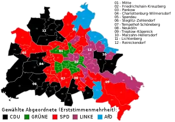 Direkte valgte kandidater. Sort: CDU, grønt: De grønne, rødt: SPD, violet: Die Linke, blåt: AfD