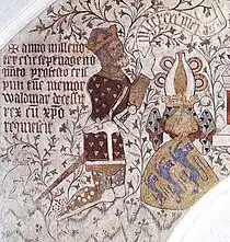 Kalkmaleri af Valdemar Atterdag som konge. Bemærk hjelmen på skjoldet. Sankt Peders Kirke, Næstved.
