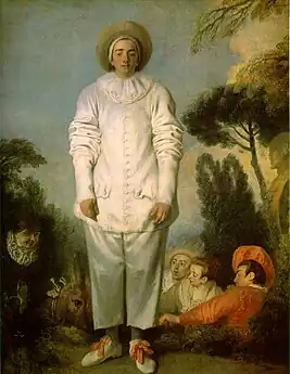 Pjerrot ("Gilles", commedia dell'arte-figur) af Antoine Watteau, o. 1718. Olie på lærred, 184×149 cm. Louvre, Paris