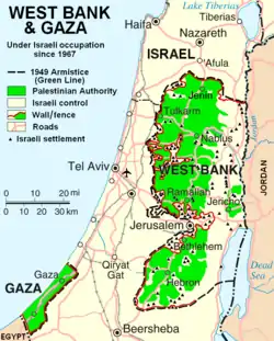 Kort med fokus på Vestbredden og Gaza-stribenGrønne områder er palæstinensiske, 2007