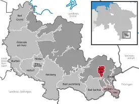 Lage der Gemeinde Wieda im Landkreis Göttingen (anklickbare Karte)
