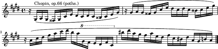  {
# (set-global-staff-size 15)
\relative c' {

		\key cis' \minor
		r16 gis^"Chopin, op.66 (poths.)"( a gis
		fisis gis cis e
		dis cis dis cis bisis cis e gis)
		r16 gis( a gis fisis gis cis e
		dis cis dis cis bisis cis e gis)
		r16 a,( cis dis fis a cis dis
		b a
		\ottava #1
  \set Staff.ottavation = #"8" 
		gis fis e dis fis cis
		\ottava #0
		bis' dis a gis fis a e dis
		fis cis bis dis
		a gis b a) \bar "|."

	}
}
