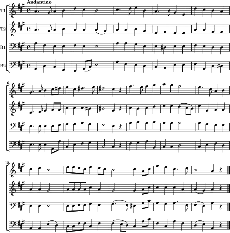\midi {
\tempo 4 = 100
}
<<
\new ChoirStaff
<<
\new Staff \with {
instrumentName = "T1"
}
\relative {
\set Staff.midiInstrument = #"choir aahs"
\key a \major
\tempo "Andantino"
a'4. gis8 a4 b | d cis b2 | cis4. d8 e4 b | a4. b8 gis4 e |
d'4 cis b a | gis4. a8 b4 cis8 dis8 | e4 cis dis4. e8 | dis2 cis4 r4 |
fis4. e8 fis4 gis | a gis fis2 | e4. cis8 a4 b | cis4 d b2 |
e8 e d cis e4 d8 cis | b2 cis4 a8 cis8 | fis4 e cis4. d8 | b2 a4 r4 |
\bar "|."
}
\new Staff \with {
instrumentName = "T2"
}
\relative {
\set Staff.midiInstrument = #"choir aahs"
\key a \major
a'4. gis8 a4 b | a a a (gis) | a4 a b gis | e fis e e |
a4 a fis fis | e4. fis8 gis4 a8 a | cis4 cis cis bis | bis2 gis4 r4 |
cis4 b cis d | e e d (cis8 b) | e4 gis, a a | a a gis2 |
a8 a a a cis4 a4 | gis2 gis4 a8 cis8 | cis4 cis cis a | a (gis) a r
}
\new Staff \with {
instrumentName = "B1"
}
\relative {
\set Staff.midiInstrument = #"choir aahs"
\clef bass
\key a \major
a4 fis e e | fis e e2 | a4 a gis e | e dis e e |
fis4 e d d | e4. e8 e4 e8 fis8 | gis4 gis a gis | fis2 e4 r4 |
a4 b a b | a a a2 | a4 gis fis fis | e e e2 |
e8 e8 fis8 fis8 gis4 fis4 | gis4. (fis8) eis4 a8 cis8 | a4 gis a4. fis8 | fis4 (e) a r
}
\new Staff \with {
instrumentName = "B2"
}
\relative {
\set Staff.midiInstrument = #"choir aahs"
\clef bass
\key a \major
a,4 d cis gis | fis a8 (cis) e2 | a4 fis e d | cis b e e |
fis4 a,4 d dis | e4. e8 e4 a,8 a'8 | cis,4 e fis gis | cis,2 cis4 r |
fis4 gis a b,4 | cis4 cis d2 | cis4 e fis d | a a e' (d) |
cis8 cis fis fis cis4 fis | fis4 (e8 d) cis4 a'8 cis | fis,4 cis a' fis | d (e) a,4 r
}
>>
>>