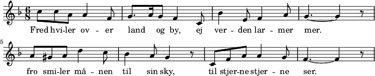 {
{ \numericTimeSignature \time 6/8 \key f \major 
  { c''8 c'' a' a'4 f'8 | g'8. a'16 g'8 f'4 c'8 | bes'4 e'8 f'4 a'8 | g'4.~ g'4 r8 |
   a'8 gis'8 a'8 d''4 c''8 | bes'4 a'8 g'4 r8 | c'8 f'8 a'8 a'4 g'8 | f'4.~ f'4 r8 } }
\addlyrics { Fred hvi -- ler ov -- er | land _ og by, ej | ver -- den lar -- mer | mer. | 
             fro smi -- ler må -- nen | til sin sky, | til stjer -- ne stjer -- ne | ser. }
}