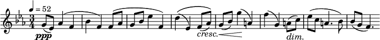 {
{
\new Staff {
\set Staff.midiInstrument = #"string ensemble 1"
\numericTimeSignature \time 3/4 \key es \major \tempo 4 = 52
\relative g' {
g8 \ppp ( es ) as4 ( f | bes f ) f8 ( as | g bes es4 f, ) | d' \( ( es, ) f8 \cresc ( as ) \) |
g \< ( bes ) g'4 \! ( a, ) | f' ( g, ) a8 \dim ( c ) \! | es ( c a4. bes8 ) | bes ( g f4. )
}
}
}
}