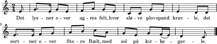 {
{
\set Score.tempoHideNote = ##t
\tempo 4 = 60
\numericTimeSignature
\time 2/4 \key c \major \partial 8
e'8 | g'8. e'16 g'8 e' | f' a' g' e' | c' c' g' f' | e'4 d'8 d'
| e'8. e'16 f'8 g' | a' b' c'' a' | g' e' g' f'16 (e') | d'4 c'8 \bar "|."
}
\addlyrics {Det | lys -- ner o -- ver ag -- res felt, hvor slø -- ve plov -- spand krav -- le, det sort -- ner o -- ver Sto -- re Bælt, med sol på kir -- ke -- gav -- le. }
}