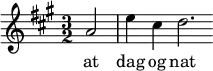 {
{ \numericTimeSignature \time 3/2 \key a \major
  \partial 2 a'2  | e''4 cis''4 d''2. }
  \addlyrics { at | dag og nat }
}