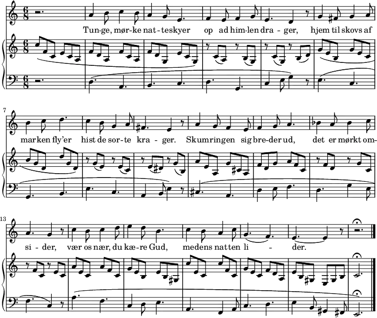 
\midi {
  \tempo 4 = 60
}
<<
  \new Staff { 
    \set Staff.midiInstrument = #"choir aahs"
    \new Voice = "melody" {
      \key a \minor
      \time 6/8
      \relative {
         r2. |  
         a'4 b8 c4 b8 | a4 g8 e4. | f4 e8 f4 g8 | e4. d4 r8 |
         g4 fis8 g4 a8 | b4 c8 d4. | c4 b8 g4 a8 | fis4. e4 r8 | 
         a4 g8 f4 e8 | f4 g8 a4. | bes4 a8 bes4 c8 | a4. g4 r8 | 
         c4 b8 c4 d8 | e4 d8 b4. | c4 b8 a4 c8 | g4. (f4.) | e4. ~ e4 r8
         r2. \fermata \bar "|."
      }
    }
  }
  \new Lyrics \lyricsto "melody" {
        Tun -- ge, mør -- ke nat -- te -- skyer
        op ad him -- len dra -- ger,
        hjem til skovs af mar -- ken fly’er
        hist de sor -- te kra -- ger.
        Skum -- rin -- gen sig bre -- der ud,
        det er mørkt om -- si -- der, 
        vær os nær, du kæ -- re Gud,
        me -- dens nat -- ten li -- der. 
  }
  \new PianoStaff 
  <<
    \new Staff \relative { 
      \key a \minor
      c''8 (f, c e c a | f' d a f' c a | f' d g, | e' c g)
      r c (a) r b (g) | r c (g) r b (d) | 
      g (e b  g' e c |  b' g d d' g, d) | 
      r g (e) r e (c) | r e (dis) r g (b,) | 
      a' e a, g' cis, a | f' d g a f c | 
      r f d r g c, | r f c r e c | 
      a' e c a' f c | g' e b e b gis | 
      c' e, c c' f, c | g' e c f d a | e' b gis e gis b | c2. \fermata
    }
    \new Staff \relative {
     \clef bass
      \key a \minor
      r2. 
      d4. (a | b c | d g, |
      c4 e8 g4) r8 | e4. (c |
      g b | e c | a4 b8 e4) r8 |  
      cis4. (a | d4 e8 f4. | d4. g4 e8 | f4. c4) r8 |
      a'4. (f4. | c4 d8 e4. | a,4. f4 a8 | c4. d4. | 
      e4 b8 gis4 fis8 | e2.) \fermata 
    }
  >>
>>
