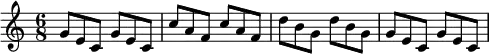 \new Staff {
\time 6/8
\relative {
g'8 e c g' e c | c' a f c' a f | d' b g d' b g | g e c g' e c
}
}