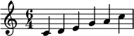{ \numericTimeSignature \time 6/4 \key c \major c' d' e' g' a' c'' }