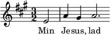 {
{ \numericTimeSignature \time 3/2 \key a \major
  \partial 2 e'2  | a'4 gis'4 a'2.     }
  \addlyrics { Min | Je -- sus, lad }
}