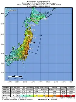 Jordskælvets epicenter øst for den japanske ø Honshū "Shakemap" fra USGS