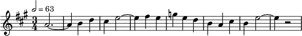 { \time 3/4 \tempo 2 = 63 \key a\major
  { a'2.~ | a'4 b' d'' | cis'' e''2~ | e''4 fis'' e'' | g'' e'' d'' | b' a' cis'' | b' e''2~ | e''4 r2 }  }