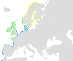 Ynglende sommergæst Findes hele året Vintergæst(omtrentlig udbredelse)