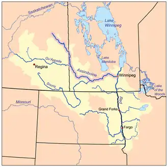 Red Rivers afvandingsområde, med Assiniboine River fremhævet