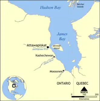 Albany River er den midterste af de tre viste floder der løber ud i James Bay i Ontario
