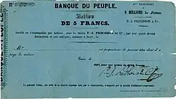 Aktie i Banque du Peuple grundlagt af Pierre-Joseph Proudhon den 31. januar 1849 med en nominel værdi på 5 francs, klar til udstedelse i februar 1849 og underskrevet af Proudhon selv