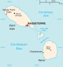 Basseterres beliggenhed på Saint Kitts og Nevis