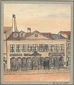 Facaden af Karel van Manders Gård mod Østergade i 1884. Her lå Ole Haslunds Hus 1910–1942.