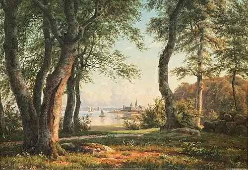 Udsigt fra en skovlysning mod Kronborg, 1877