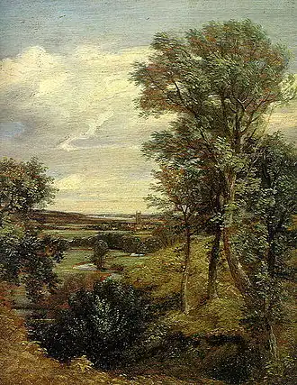 Dedham Vale af John Constable, 1802. Olie på lærred. Victoria and Albert Museum, London. - Dalen findes i Constables hjemegn, "Constable country", "The paintings of Constable romanticized the vivid green landscapes of England."