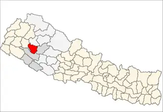 Dailekh District i Bheri Zone (grå) i Mid-Western Development Region (grå + lysegrå)