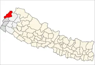 Darchula District i Mahakali Zone (grå) i Far-Western Development Region (grå + lysegrå)
