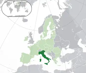 &nbsp;Italiens placering&nbsp;&nbsp;(mørkegrøn)–&nbsp;på det europæiske kontinent&nbsp;&nbsp;(lysegrøn og&nbsp;mørkegrå)–&nbsp;i den Europæiske Union&nbsp;&nbsp;(lysegrøn)&nbsp; –&nbsp; [Forklaring]