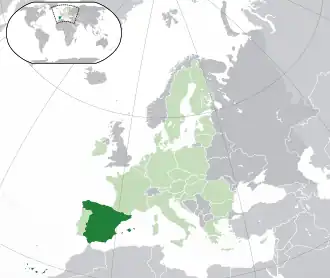 &nbsp;Spaniens placering&nbsp;&nbsp;(mørkegrøn)–&nbsp;på det europæiske kontinent&nbsp;&nbsp;(grøn og&nbsp;mørkegrå)–&nbsp;i den Europæiske Union&nbsp;&nbsp;(grøn)