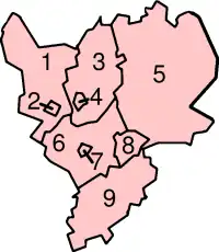 Områder i the East Midlands.