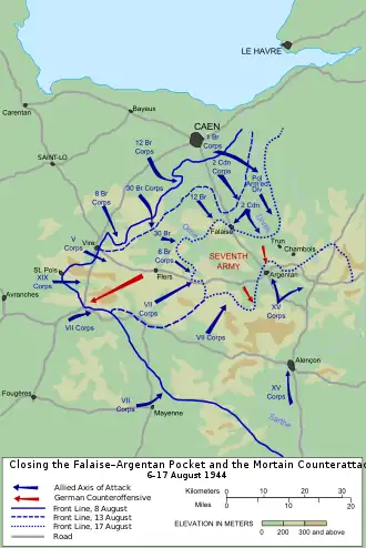 Kort over slagets forløb fra 8.-17. august 1944. Allierede angreb er vist i blåt og den tyske Mortain offensiv og senere modangreb i rødt