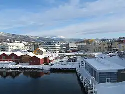Finnsnes centrum set fra et af  hurtigrutens skibe