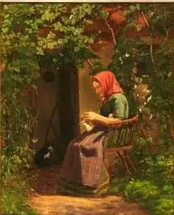 En kvinde med sytøj i haven, ca. 1860