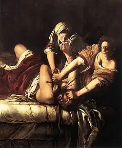 "Judit slår Holofernes ihjel" af Artemesia Gentileschi, ca. 1620. Olie på lærred, 199×162&nbsp;cm. Galleria degli Uffizi, Firenze. (Judit 13,15)