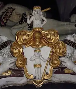 Våbenskjold for Matias Tausan i Stavanger Domkirke, skåret af Anders Smith til epitafet for Tausan og hans to koner.