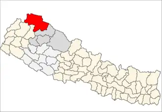 Humla District i Karnali Zone (grå) i Mid-Western Development Region (grå + lysegrå)