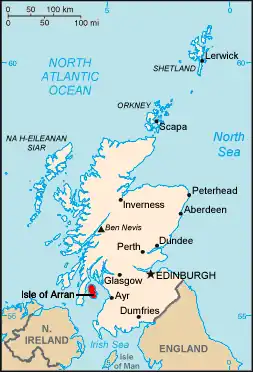 Kort over Skotland med Isle of Arran markeret med rødt