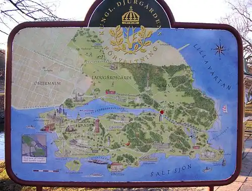 Kort over Djurgården hvortil selskabet i robåden agter at sejle