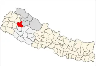 Kalikot District i Karnali Zone (grå) i Mid-Western Development Region (grå + lysegrå)