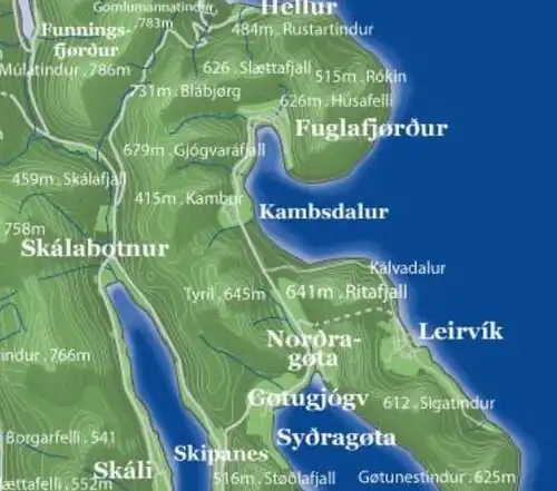 Kort over området med Fuglafjørður, Hellurnar og Kambsdalur