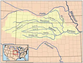 Kort over Kansas Rivers afvandingsområde