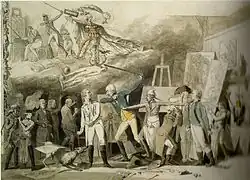 Karikatur auf die Kunstpraxis an der Hohen Karlsschule, 1791. Staatsgalerie Stuttgart, grafisk samling. (de) - Koch var blevet korporligt afstraffet og svarede med denne karikatur. Han flygtede fra stedet før der skete mere.