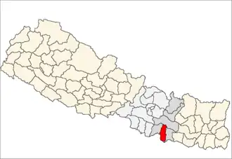 Mahottari District i Janakpur Zone (grå) i Central Development Region (grå + lysegrå)