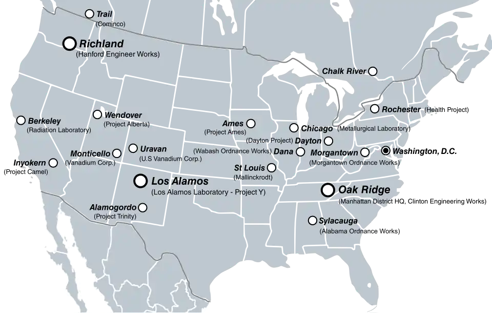 Kort over USA og det sydlige Canada med store projektsteder angivet