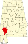 Kort over Alabama med Clarke County markeret